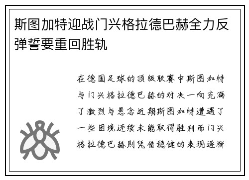 斯图加特迎战门兴格拉德巴赫全力反弹誓要重回胜轨