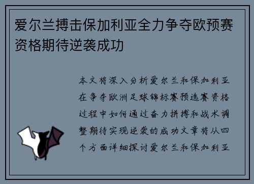 爱尔兰搏击保加利亚全力争夺欧预赛资格期待逆袭成功