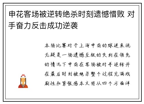 申花客场被逆转绝杀时刻遗憾惜败 对手奋力反击成功逆袭