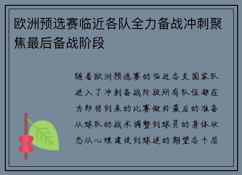 欧洲预选赛临近各队全力备战冲刺聚焦最后备战阶段